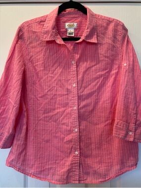 L Talbots Pink Striped Button-Down Shirt 3/4 Sleeve 70% Cotton/30% Linen
